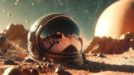 Wall Mural - a reflective space helmet sits on an alien planet surface, set against a vast cosmic backdrop, evoki