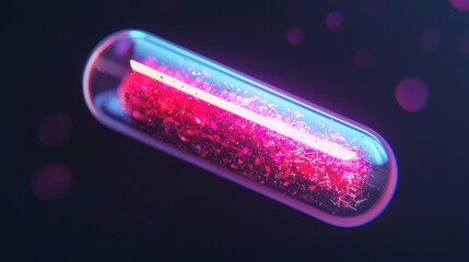 Poster - A futuristic capsule with glowing pink and blue elements, surrounded by a dark background, suggesting advanced technology or medical innovation.