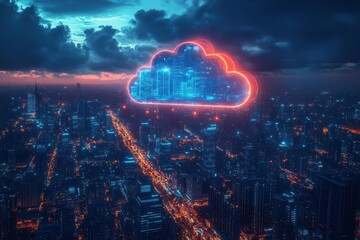 Wall Mural - advanced cloud technology concept integrated with a smart city backdrop, showcasing futuristic infrastructure and digital innovation in urban planning