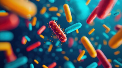 Poster - Abstract representation of colorful bacteria in a digital environment, showcasing various shapes and sizes against a vibrant background.