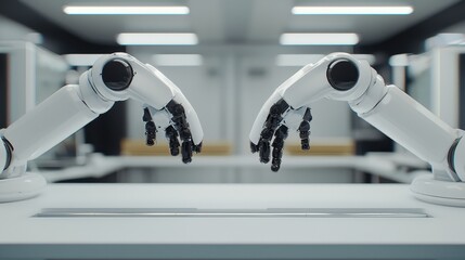 Poster - Two robotic arms reaching towards each other in a modern, high-tech environment, symbolizing connection and advanced technology.