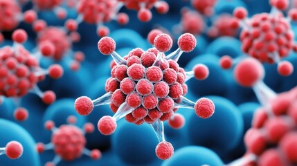Poster - A close-up illustration of a virus, featuring a central structure with spikes, surrounded by blue cells, showcasing the microscopic world of pathogens.