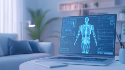 Poster - A modern laptop displays a digital human anatomy model, showcasing technology and health in a stylish, well-lit indoor setting.