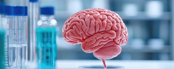 Poster - A realistic brain model sits on a laboratory table surrounded by test tubes, illustrating themes of neuroscience and scientific research.