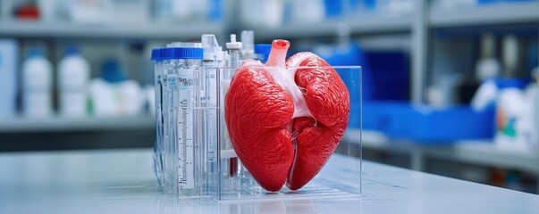 Poster - A realistic model of a human heart displayed in a lab setting, surrounded by scientific equipment and containers.