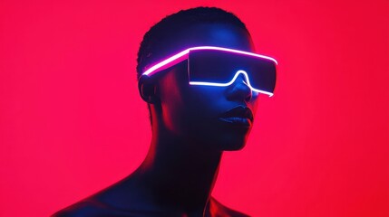 Poster - A striking portrait of a person wearing futuristic neon glasses against a vibrant red background.