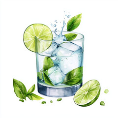 Wall Mural - refreshing glass of sparkling water with lime wedges and mint leaves, showcasing vibrant colors and splash effect. Perfect for summer drinks and cocktails