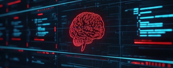 Poster - A digital representation of a brain highlighted in red against a backdrop of data and coding, symbolizing technology and neural networks.