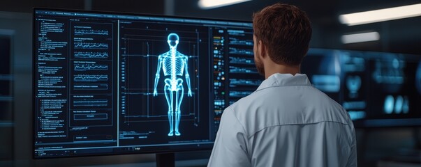 Poster - A healthcare professional observes a digital screen displaying a human anatomy model and medical data in a modern laboratory setting.