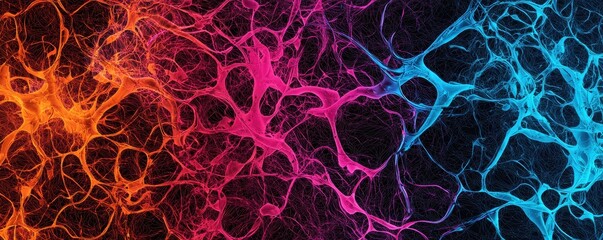 Poster - A vibrant abstract image featuring interconnected lines and nodes in shades of orange, pink, and blue against a dark background.