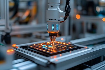 Poster - A robotic arm precisely placing components on a circuit board in a high-tech manufacturing setting.