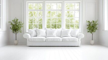 Poster - Minimalist modern home design bright living room with white couch and green plants serene environment contemporary style