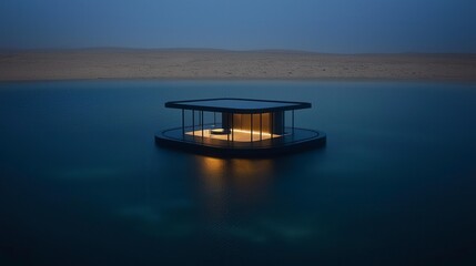 Aufkleber - Stunning minimalist architecture on water desert oasis exterior design serene environment aerial view contemporary concepts