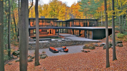 Aufkleber - Modern home design amid autumn foliage nature retreat architectural style outdoor living scenic viewpoint for relaxation