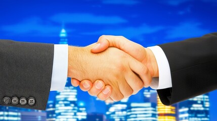Poster - Professional handshake with city skyline in background business deal context urban evening setting close-up perspective