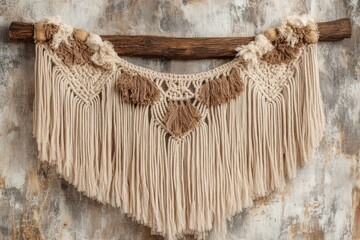 Poster - Beige macrame wall decor hanging from a wooden support, adding a bohemian touch to a textured wall