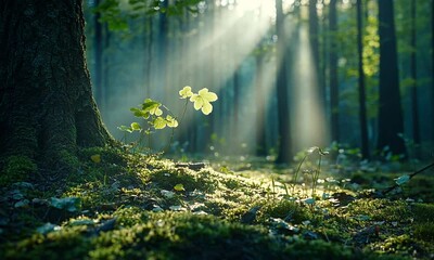 Wall Mural - a serene forest scene with sunlight filtering through trees, illuminating green leaves and mossy gro