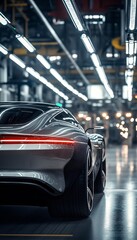 Poster - Futuristic silver car in a modern factory  a captivating rear view shot of automotive innovation