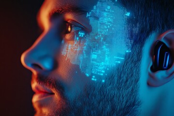 Poster - Close up of a man wearing a blue digital earpiece surrounded by data holograms in photography