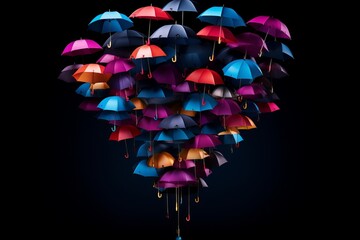 Poster - Vibrant composition of colorful open umbrellas against a bold black background for stunning contrast