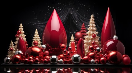 Poster - Minimalist display of shiny red baubles and silver tree enhancing light and shadow effects
