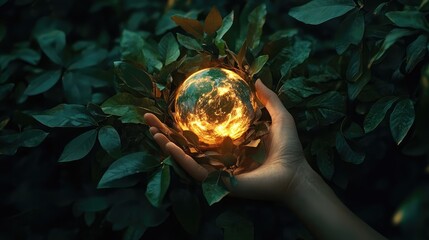 Poster - A conceptual image of a hand holding a glowing Earth surrounded by green leaves