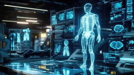 Poster - A creative illustration of a holographic health ecosystem glowing with connected devices