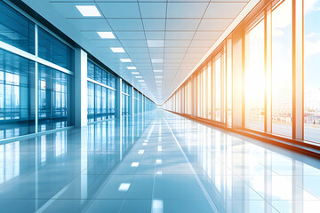 Poster - Modern bright hallway with large windows and shiny floor.