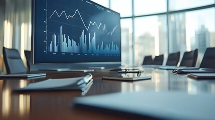 Poster - Modern boardroom table with large screen displaying financial data.