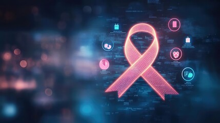 Poster - A creative infographic featuring cancer awareness icons and a glowing ribbon