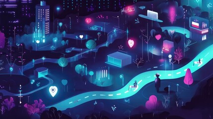 Fototapete - A creative infographic showing the flow of data in a glowing digital health ecosystem