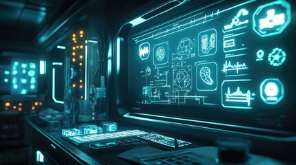 Poster - A digital health monitoring station glowing with interconnected medical symbols