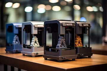 Poster - Minimalist silhouette of a 3d printer in black, grey, and dark blue shades for clarity