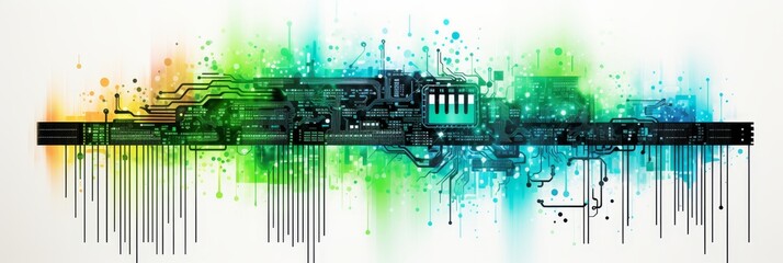 Poster - Minimalist silhouette of a colorful printed circuit board on white background emphasizing technology