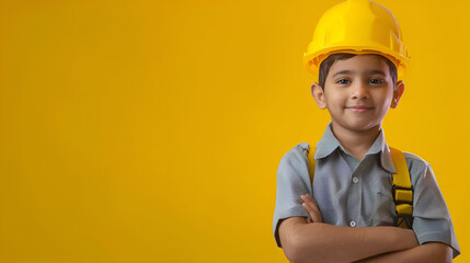 Wall Mural - A Desi child dressed with a yellow safety helmet and a plan is pretending to be an engineer or architect