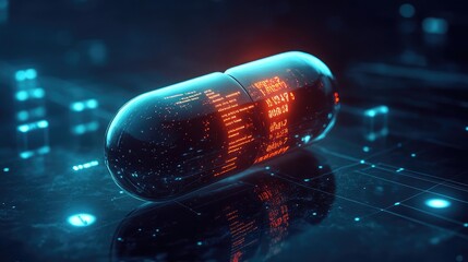 Poster - A glowing digital pill with information on dosage and health benefits displayed