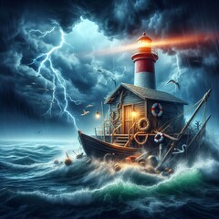 Poster - storm a storm with a lighthouse or a shelter symbolizing the cha