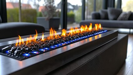 Poster - Modern fireplace design featuring luminous flames and sleek aesthetics in a contemporary setting