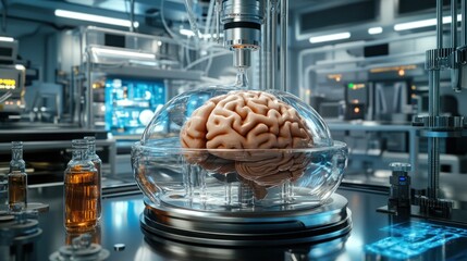 Poster - brain in a laboratory setting, showcasing scientific research