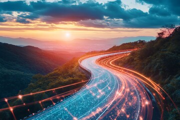 Poster - Winding mountain road at dusk with abstract light trails representing innovation and advancement