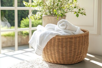 Wall Mural - Wicker laundry basket filled with fresh white towels for a cozy home organization aesthetic