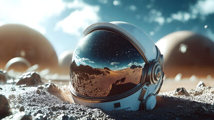 Wall Mural - a reflective space helmet sits on an alien planet surface, set against a vast cosmic backdrop, evoki
