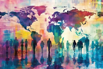 Poster - Vibrant world map showcasing diverse people and technology in global business success and engagement