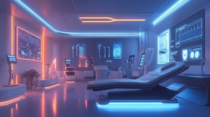 Poster - A serene futuristic clinic setup with glowing health monitoring devices