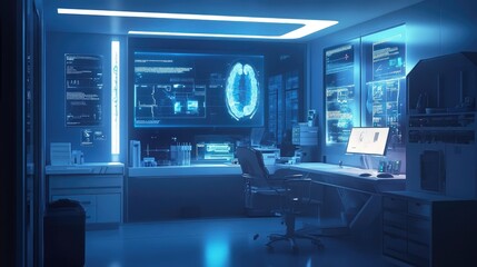 Poster - A serene image of a clean medical workspace with glowing digital health interfaces