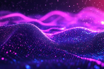 Poster - Abstract Digital Landscape with Wavy Patterns and Vibrant Purple and Blue Lights Creating a Cosmic Illusion of Flowing Energy and Particle Effects in Motion