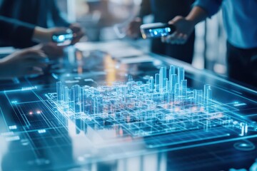 Poster - A conceptual design of a holographic table displaying a 3D city model, with people collaboratively interacting with it using augmented reality glasses