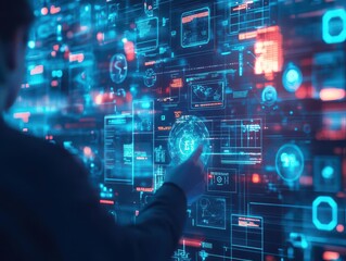 Poster - A cinematic depiction of interactive media shaping a futuristic city, with giant dynamic screens and people using holographic interfaces
