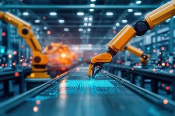 Aufkleber - A bustling AIdriven factory with robotic arms working in harmony, harsh industrial lighting, wideangle, efficient tech style