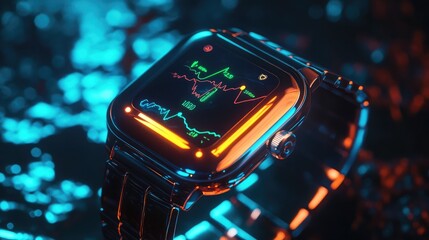Poster - A smartwatch glowing with oxygen level tracking and step counters